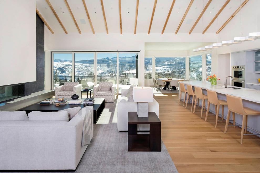 Großes, Offenes Modernes Wohnzimmer mit weißer Wandfarbe, hellem Holzboden, gefliester Kaminumrandung, Gaskamin und braunem Boden in Denver