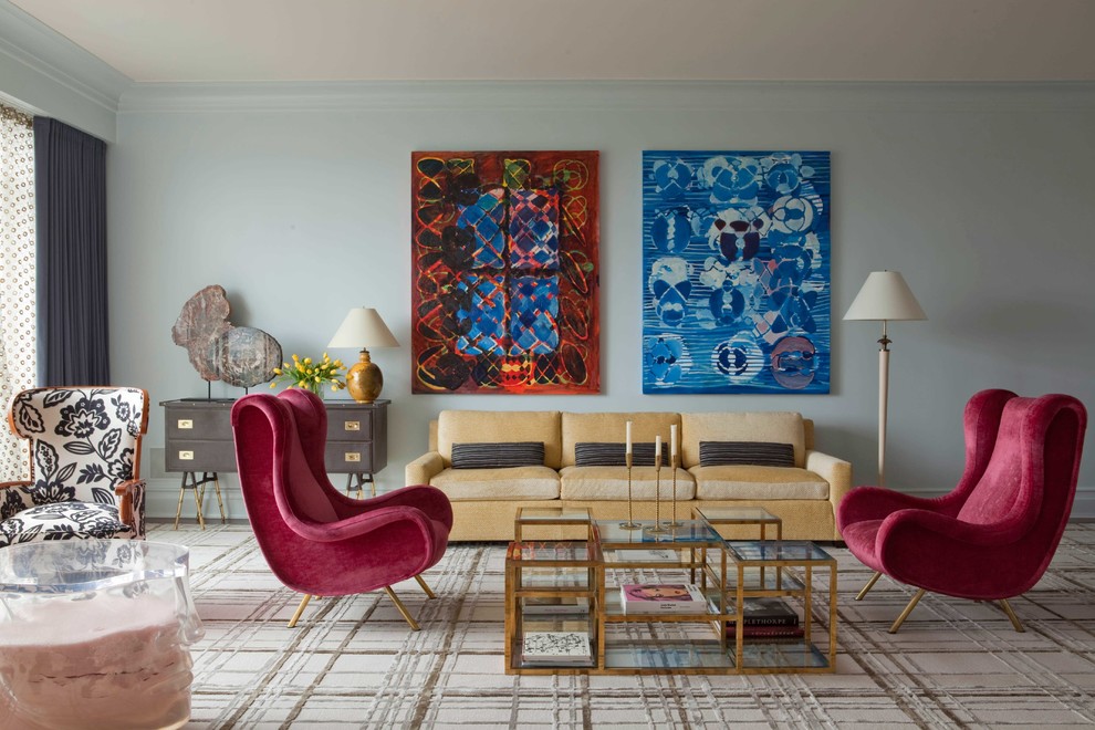 Trendy carpeted living room photo in New York with blue walls