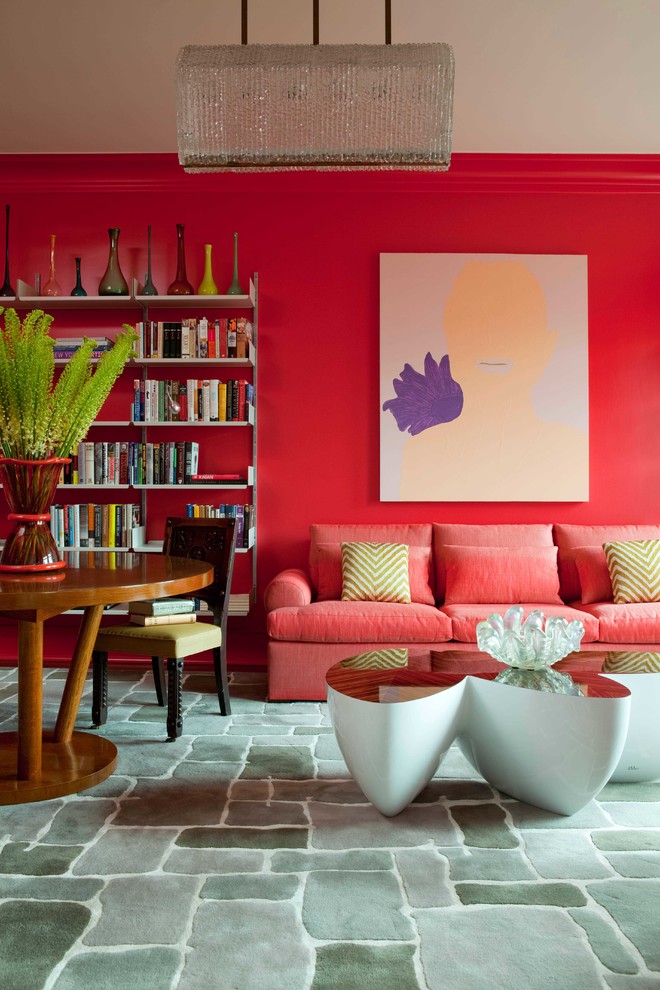 Inspiration for a contemporary living room remodel in New York with red walls