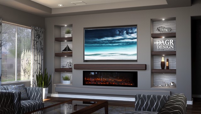DAGR Design Media Wall _ Calm -TV above Linear Fireplace - Traditional -  Living Room - Phoenix - by DAGR Design Custom Home Theater | Houzz IE