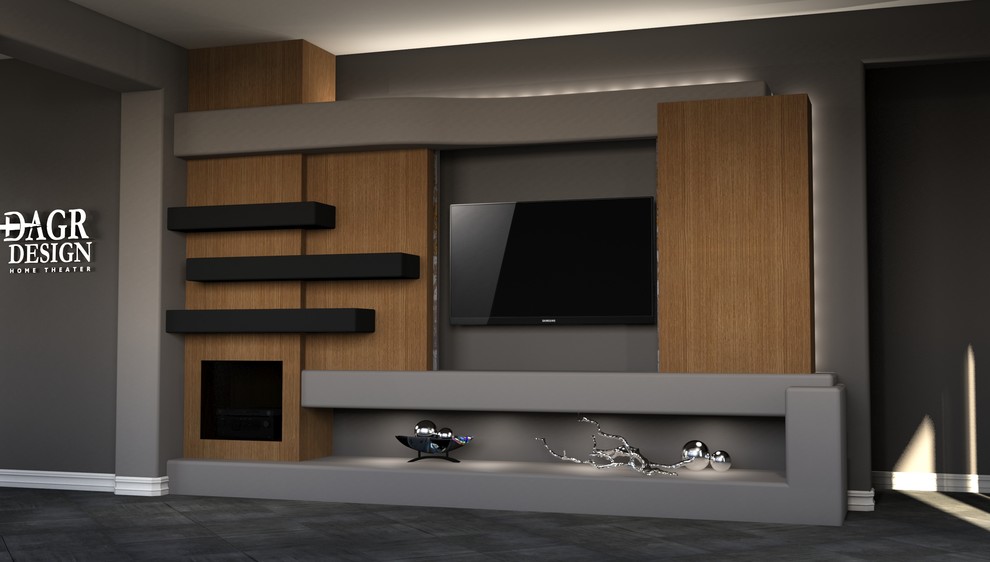 Design ideas for a medium sized contemporary open plan living room in Phoenix with grey walls, concrete flooring, a built-in media unit, grey floors and no fireplace.