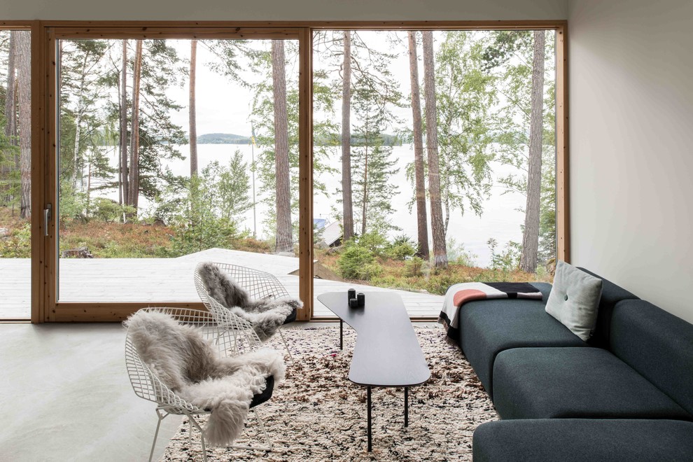 Ispirazione per un grande soggiorno minimalista aperto con pareti bianche, pavimento in cemento e pavimento grigio