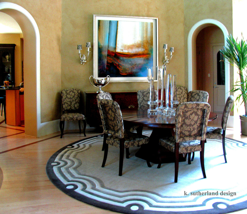 Photo of a large eclectic dining room in Dallas with beige walls and light hardwood flooring.