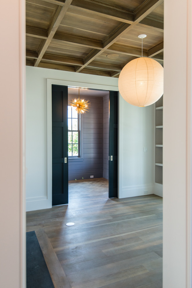 Offenes Modernes Wohnzimmer mit weißer Wandfarbe, dunklem Holzboden und Kamin in Charleston
