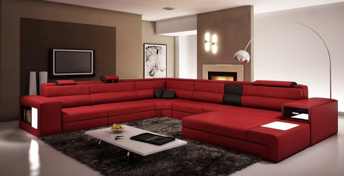 Dark Red Italian Leather Sectional, Polaris Orange Italian Leather Sectional Sofa