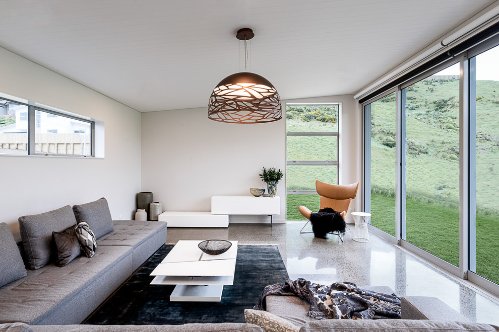 Idee per un soggiorno contemporaneo aperto con pavimento in cemento, pareti grigie e pavimento grigio