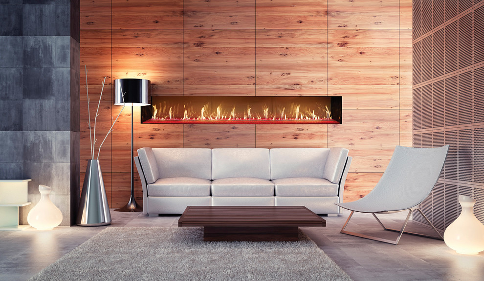 シアトルにある中くらいなコンテンポラリースタイルのおしゃれなリビング (茶色い壁、セラミックタイルの床、横長型暖炉、木材の暖炉まわり、グレーの床、テレビなし) の写真