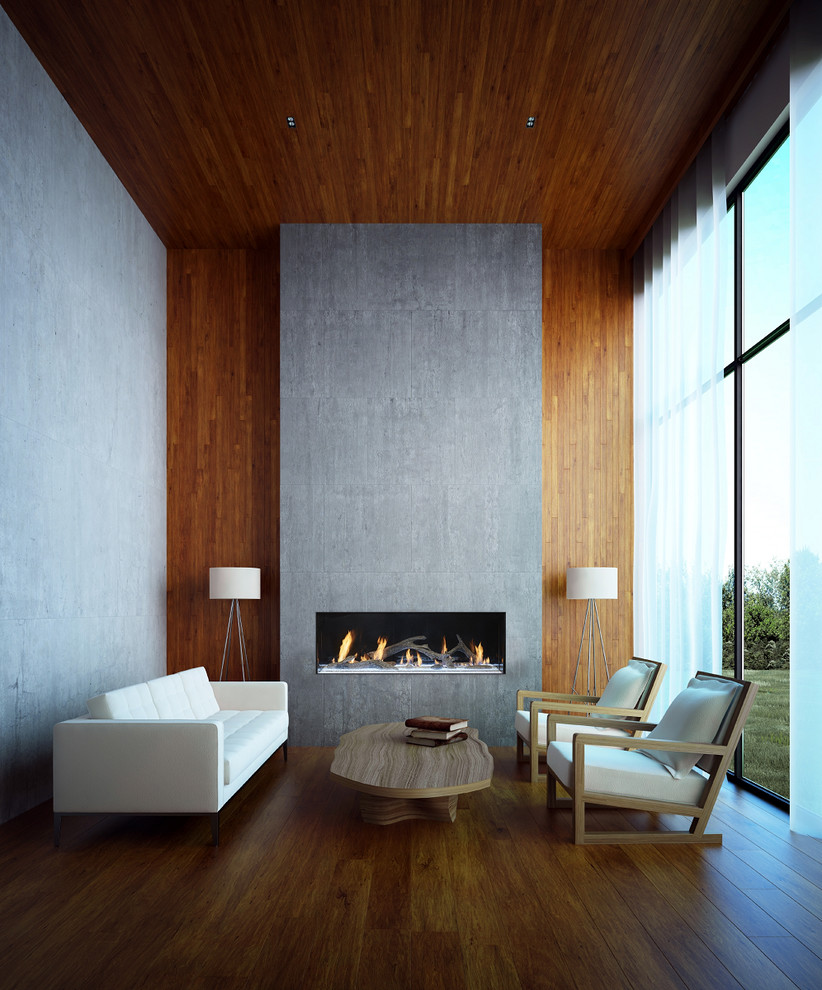 Großes, Repräsentatives, Fernseherloses, Abgetrenntes Modernes Wohnzimmer mit grauer Wandfarbe, braunem Holzboden, Gaskamin, Kaminumrandung aus Beton und braunem Boden in Seattle