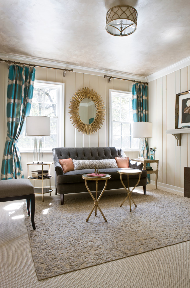 Example of a mid-sized transitional enclosed carpeted and brown floor living room design in DC Metro with beige walls, no fireplace and no tv