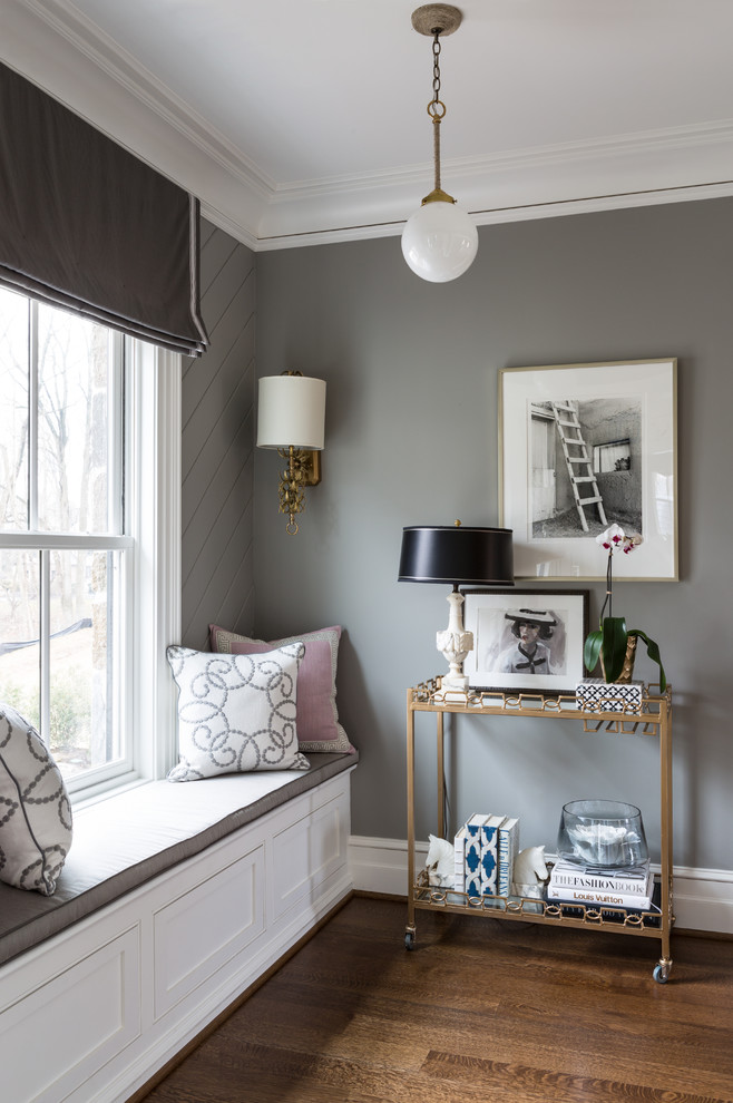 Example of a classic dark wood floor living room design in DC Metro with gray walls