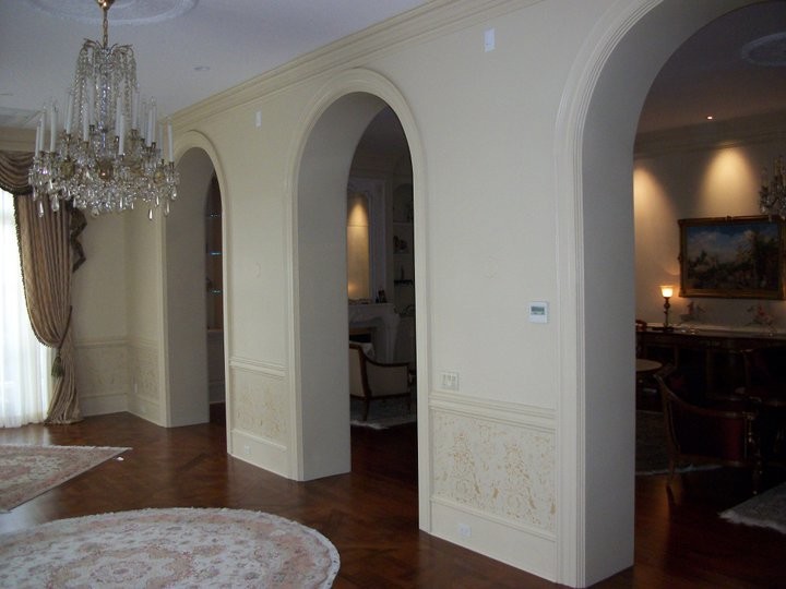 Living room - large mediterranean open concept dark wood floor living room idea in DC Metro with beige walls