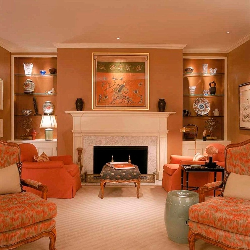 Photo of a medium sized classic formal enclosed living room in DC Metro with brown walls, carpet, a standard fireplace, a tiled fireplace surround, no tv and brown floors.