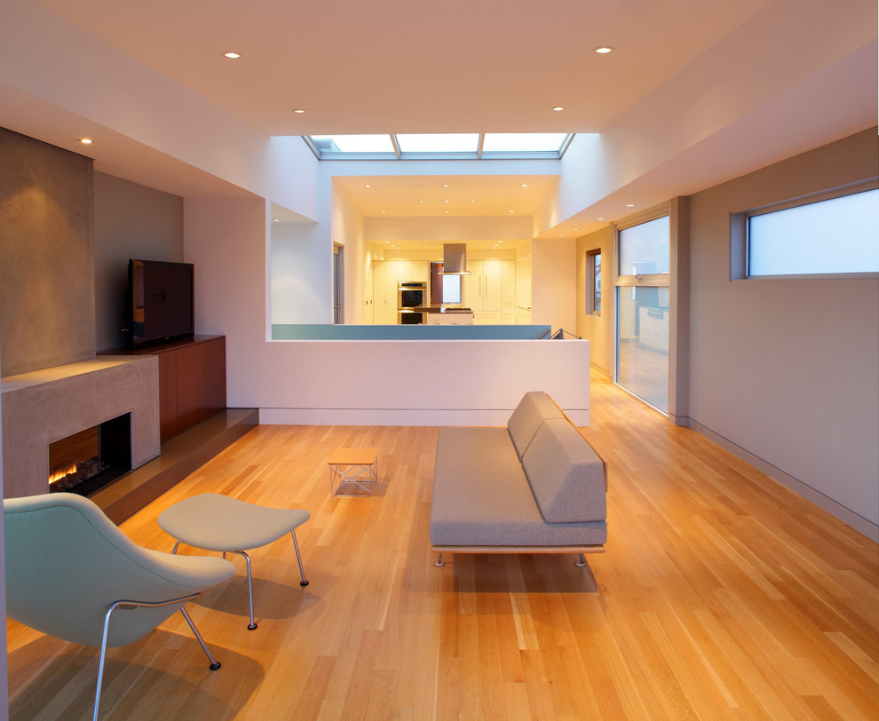 Modernes Wohnzimmer mit grauer Wandfarbe und Gaskamin in Los Angeles