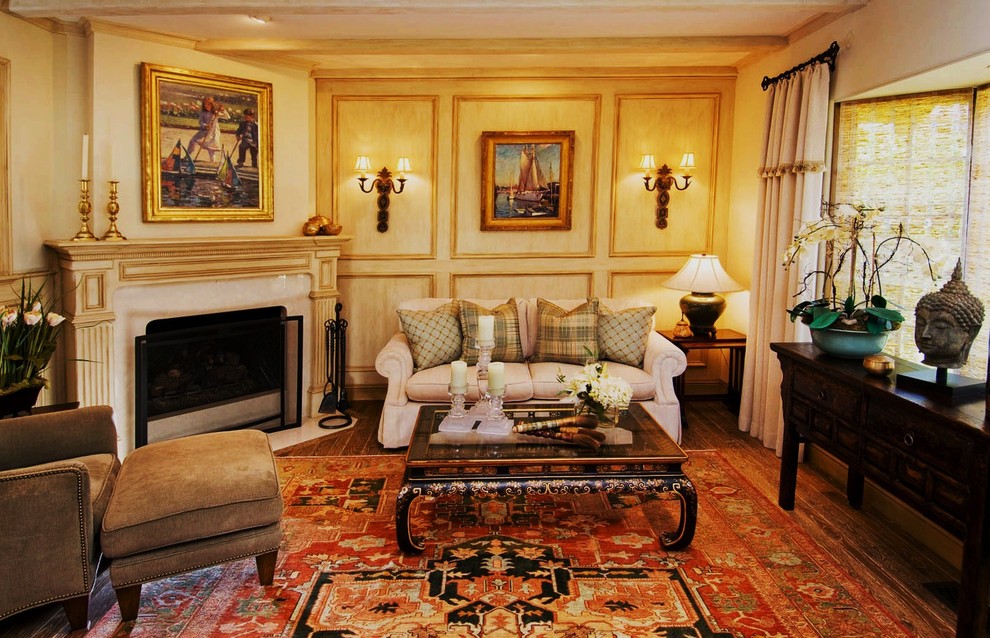 Inspiration for a mid-sized timeless formal and enclosed medium tone wood floor and brown floor living room remodel in Seattle with beige walls, no tv, a standard fireplace and a stone fireplace