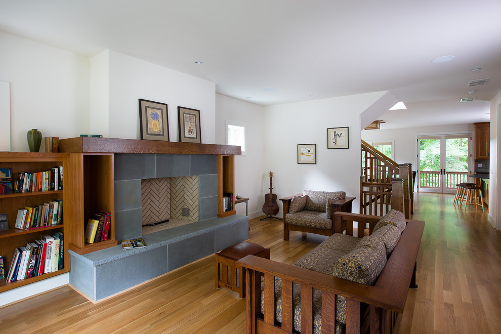 Mid-sized arts and crafts formal and enclosed light wood floor and brown floor living room photo in Atlanta with a standard fireplace, white walls, a tile fireplace and no tv