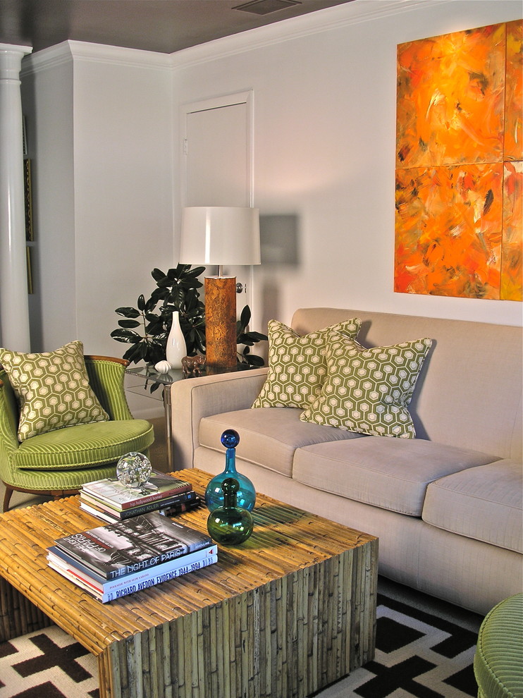 Living room - small modern open concept carpeted living room idea in Atlanta with white walls