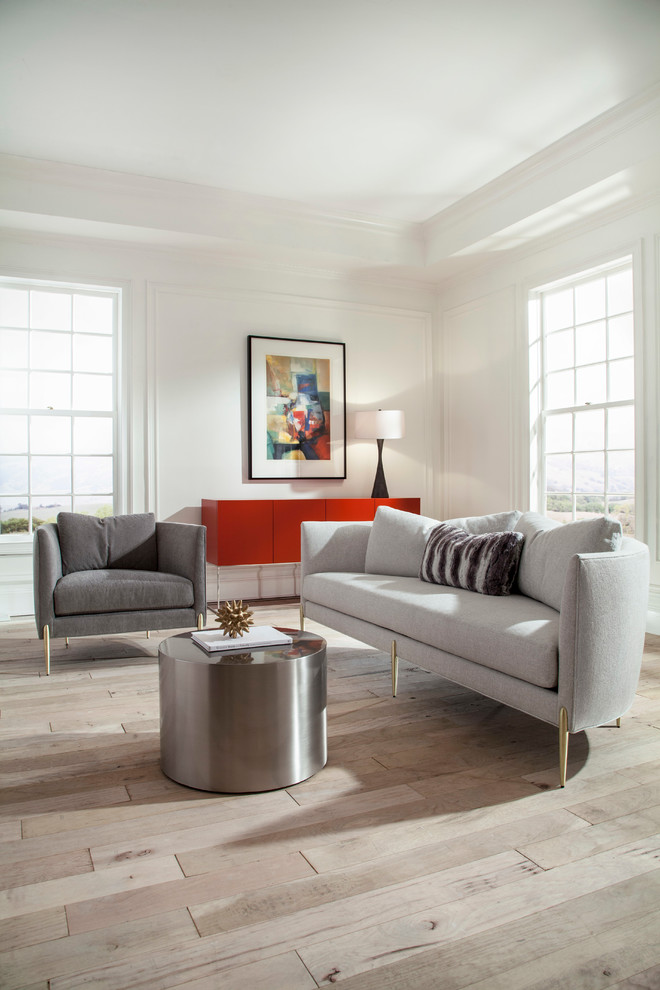 Immagine di un soggiorno design con pareti bianche e parquet chiaro