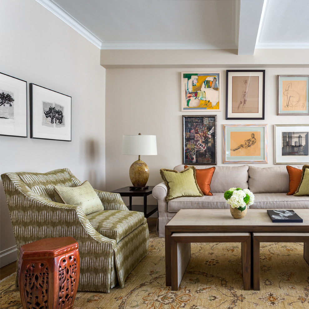 Design ideas for a classic living room in New York with beige walls.