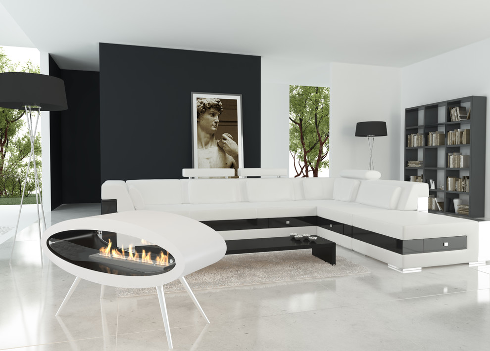Example of a trendy white floor living room design in Aalborg with multicolored walls, a hanging fireplace and a metal fireplace