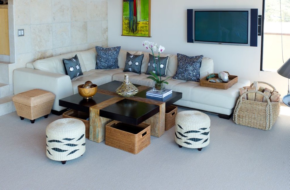 Inspiration for a modern living room remodel in Los Angeles with white walls and a wall-mounted tv