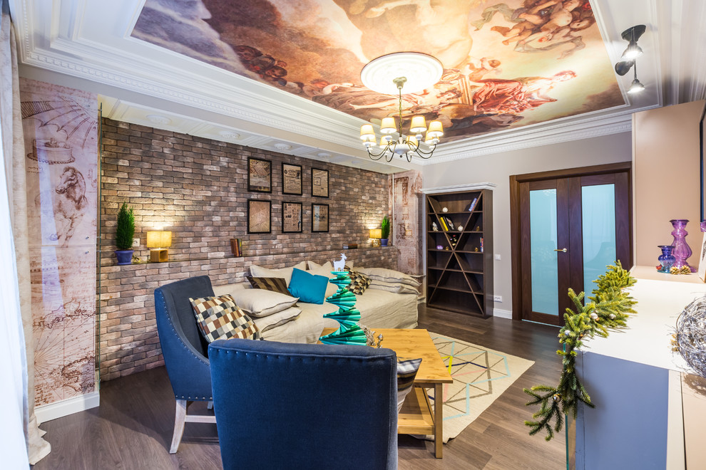 This is an example of a small bohemian formal enclosed living room in Other with brown floors, multi-coloured walls and medium hardwood flooring.