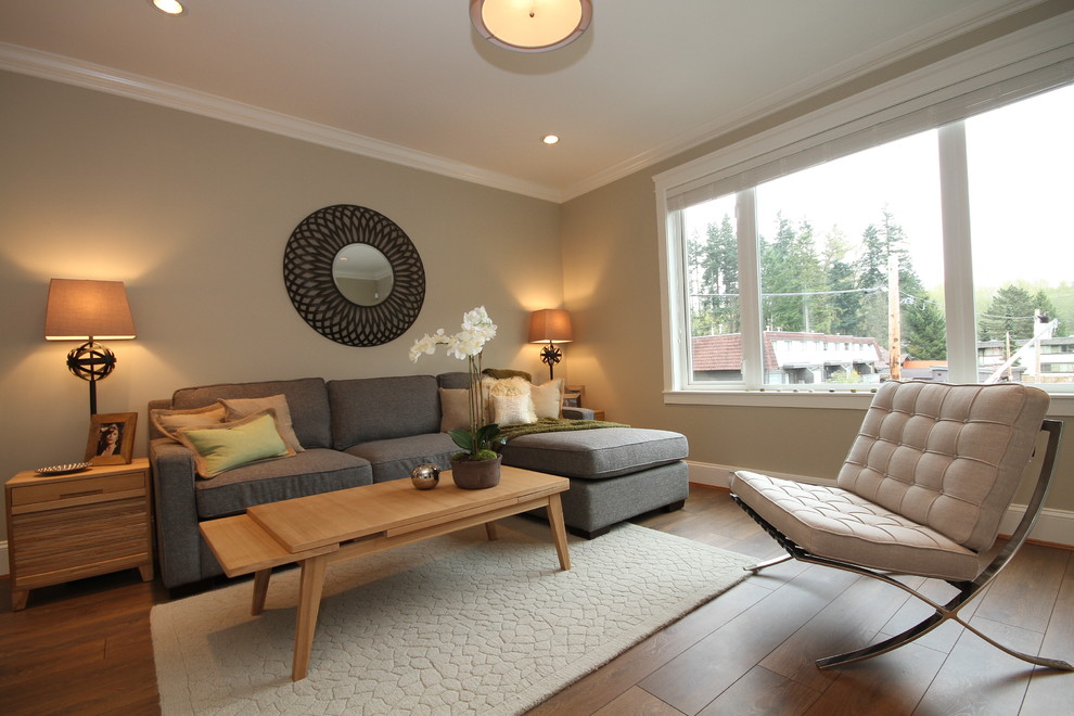 Large trendy living room photo in Vancouver with gray walls