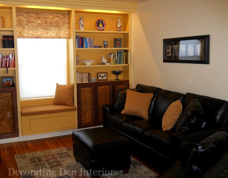 Living room - mid-sized transitional enclosed living room idea in Other with yellow walls and a tv stand
