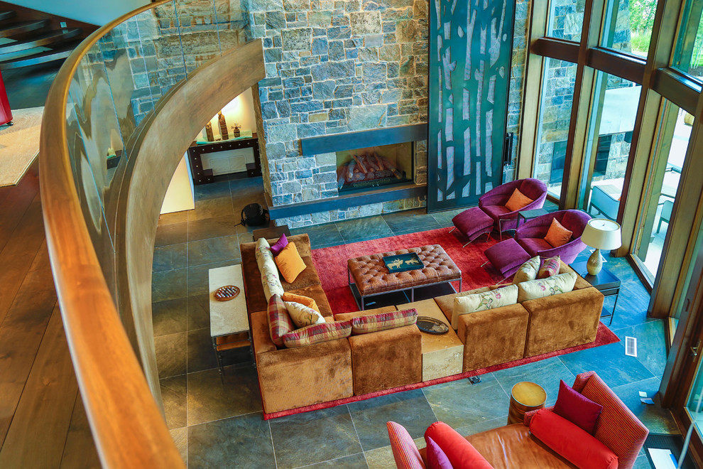 Example of a large eclectic formal and open concept ceramic tile living room design in Salt Lake City with white walls, no tv, a standard fireplace and a stone fireplace