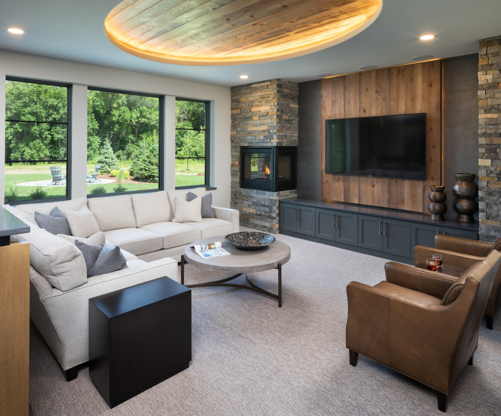 Transitional open concept carpeted, wood ceiling and wood wall living room photo in Minneapolis with white walls, a corner fireplace and a wall-mounted tv