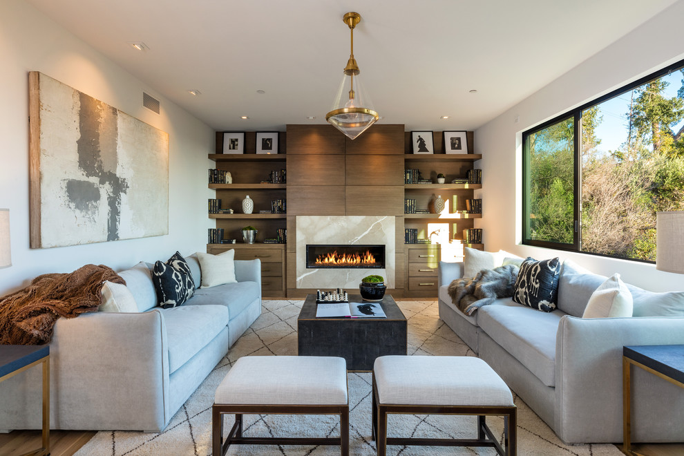 Inspiration for a contemporary medium tone wood floor and brown floor living room remodel in Los Angeles with white walls, a ribbon fireplace and a stone fireplace