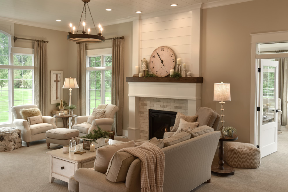 Design ideas for a large classic formal open plan living room in Other with beige walls, carpet, a standard fireplace, a brick fireplace surround and no tv.