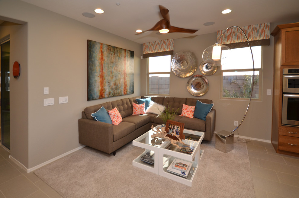 Huge trendy formal and open concept porcelain tile living room photo in Phoenix with beige walls