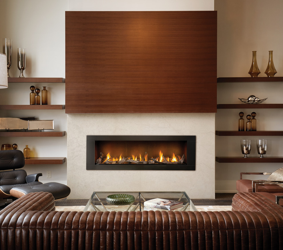 Idée de décoration pour un salon design de taille moyenne et fermé avec un mur blanc, parquet foncé, une cheminée ribbon, un manteau de cheminée en carrelage, aucun téléviseur et un sol beige.