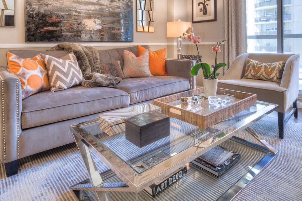 Example of a small trendy medium tone wood floor living room design in Toronto with gray walls