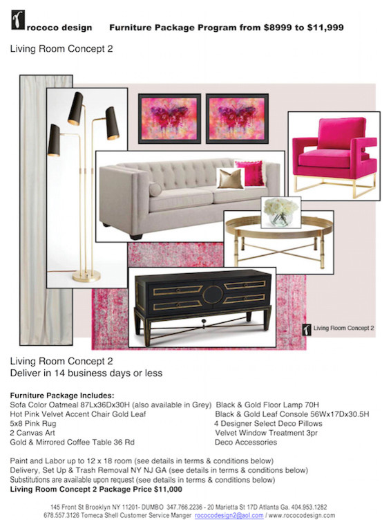 This is an example of a medium sized modern formal and grey and teal living room in New York with pink walls.