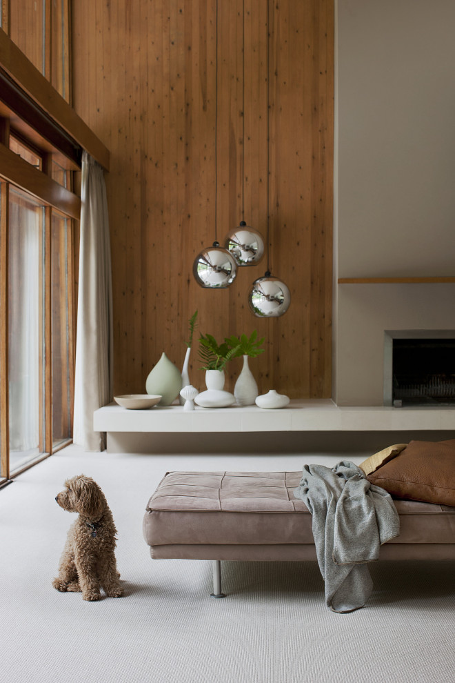 Imagen de salón nórdico grande con moqueta y suelo beige