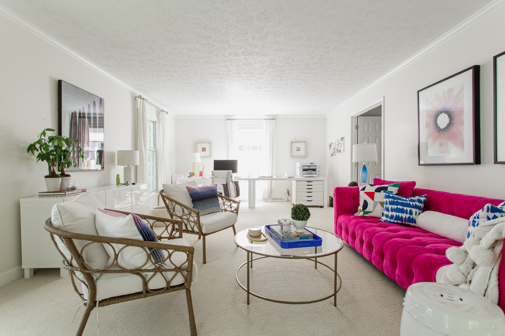 Пример оригинального дизайна: открытая гостиная комната среднего размера в современном стиле с белыми стенами и ковровым покрытием без камина, телевизора