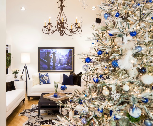 Designers, White and Blue Christmas Tree Transitional Living Room