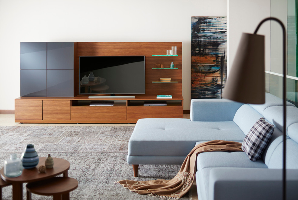 Ispirazione per un soggiorno minimalista di medie dimensioni e aperto con pareti beige, moquette e TV a parete