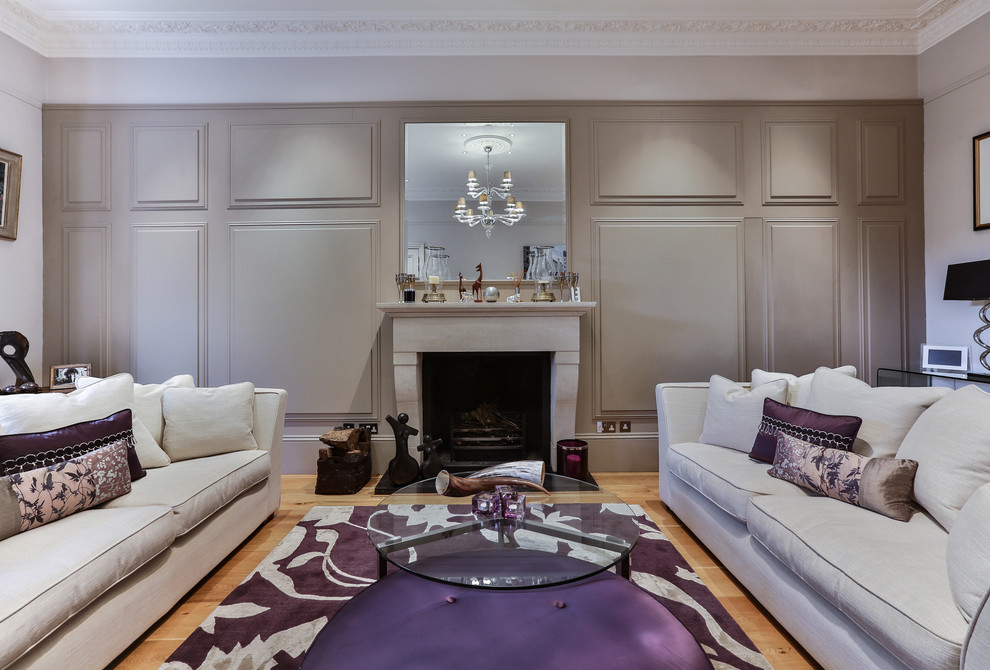 Design ideas for a large classic formal living room in London with light hardwood flooring.