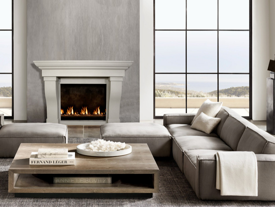 Inspiration for a medium sized coastal living room in Oklahoma City with grey walls, bamboo flooring, a concrete fireplace surround, brown floors and a coffered ceiling.