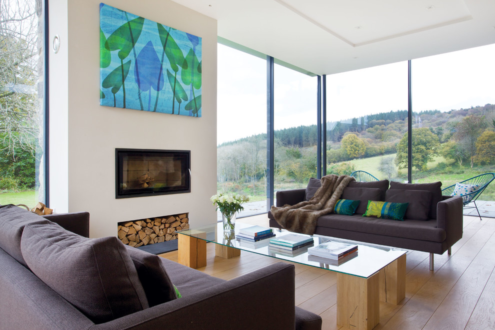 Trendy living room photo in Devon with white walls and a ribbon fireplace