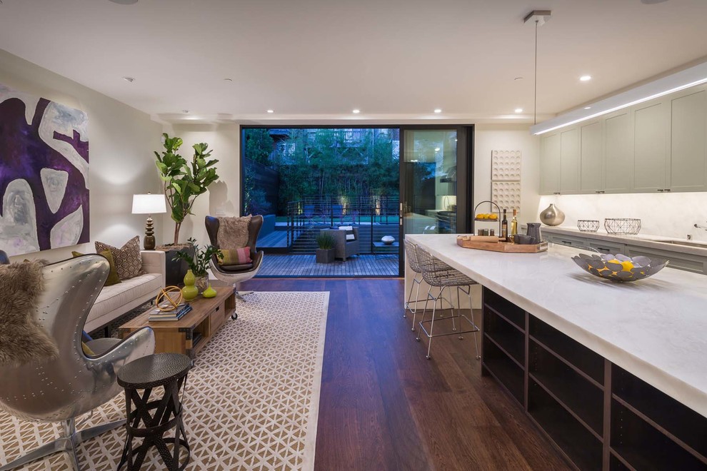 Fernseherloses Modernes Wohnzimmer ohne Kamin mit beiger Wandfarbe, dunklem Holzboden und braunem Boden in San Francisco
