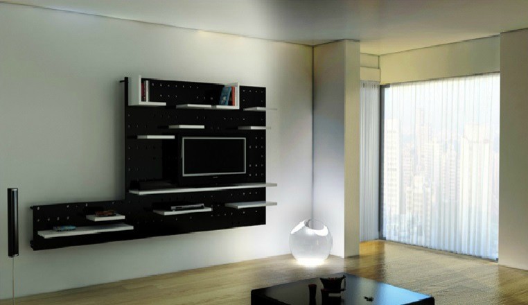 Esempio di un soggiorno minimal di medie dimensioni e chiuso con sala formale, pareti nere e TV autoportante