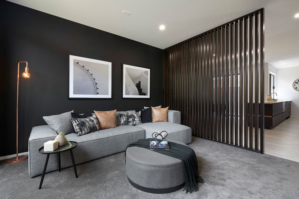 Living room - mid-sized contemporary formal carpeted and gray floor living room idea in Melbourne with black walls