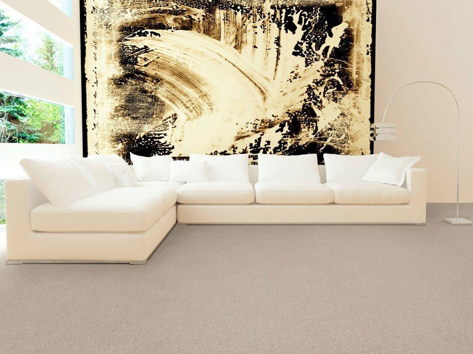 Cette photo montre un salon moderne avec un mur beige, moquette et un sol gris.