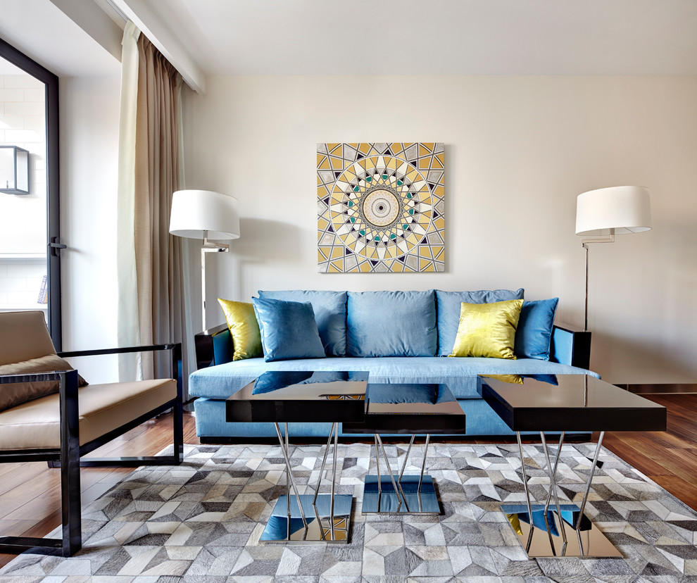 Modern formal open plan living room in Moscow with white walls, dark hardwood flooring and no fireplace.