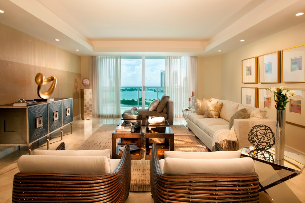 Inspiration for a large contemporary living room remodel in Miami with beige walls, no fireplace and no tv