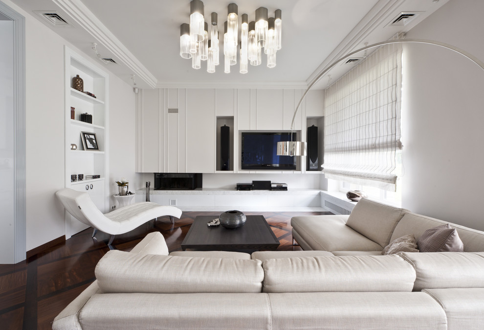 Trendy living room photo in Moscow with a ribbon fireplace and a wall-mounted tv