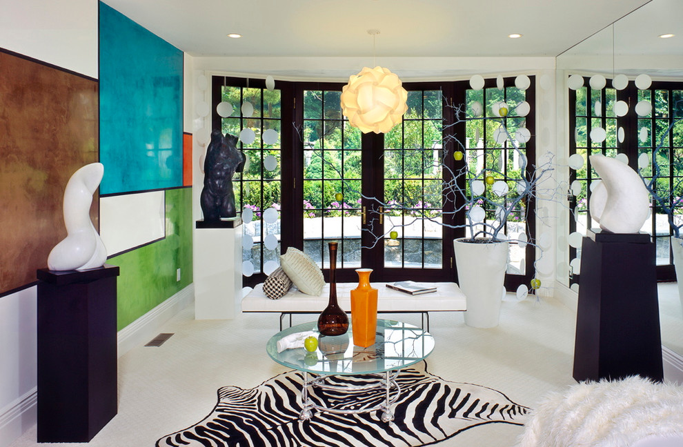 Идея дизайна: гостиная комната в стиле модернизм без камина, телевизора